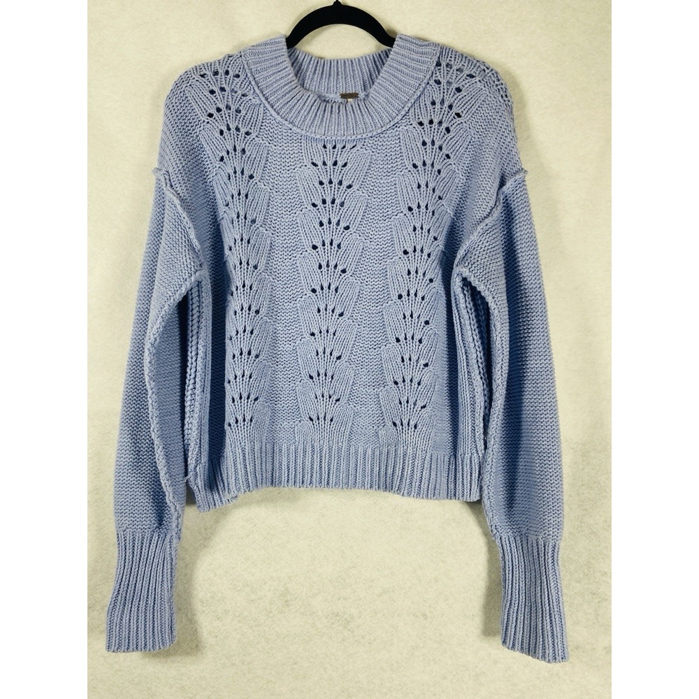 Free People Sweater Women's Medium Blue Cable Knit Crew Neck Chunky Cotton Blend